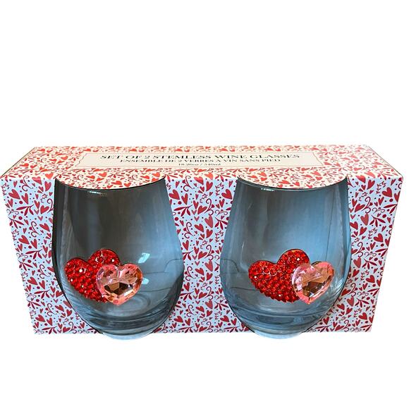 Valentines Day Jeweled HEARTS Stemless Wine Glasses Set of 2 Red & Pink New - Picture 7 of 14